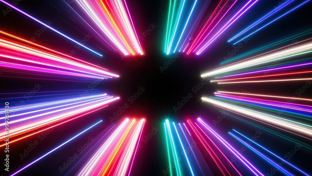 Poster vibrant neon lights create dynamic rays in an abstract design, reflecting excitement and energy for 