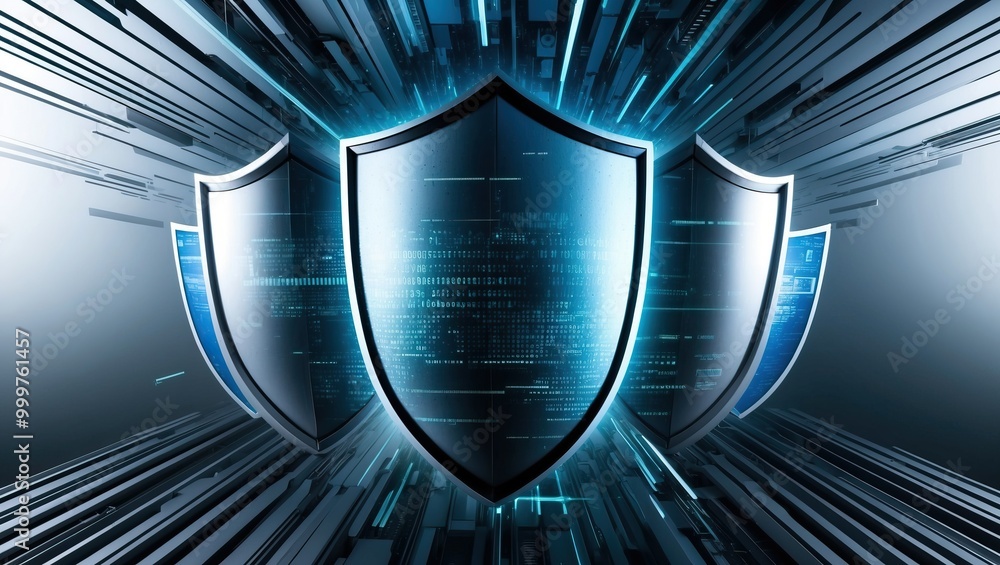 Poster abstract digital shields symbolize cybersecurity and protection in a modern tech landscape visual re