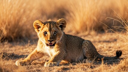 Lion cub resting in tall grass under soft sunlight, showcasing curiosity and playfulness in natural environment, symbolizing wildlife beauty and adventure