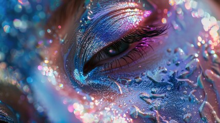 A detailed view of an eye with glitter applied to the eyelashes and possibly elsewhere