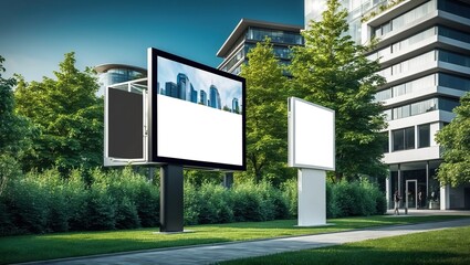 Modern billboards stand empty in urban environment surrounded by greenery, showcasing potential for advertising and promotional purposes