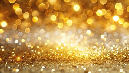 Golden sparkling bokeh lights on white background with gold foil texture