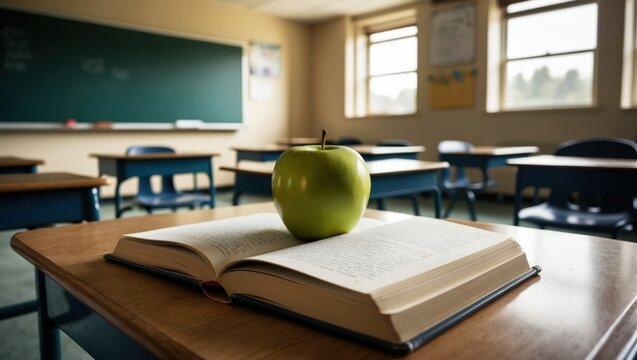 Classroom setting featuring an open book with a green apple on top, symbolizing knowledge and the educational atmosphere of learning