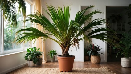Indoor palm plant prominently displayed in a bright living room, enhancing the natural decor and creating a tranquil atmosphere