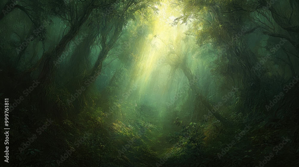 Poster a serene forest scene with soft light filtering through dense trees.