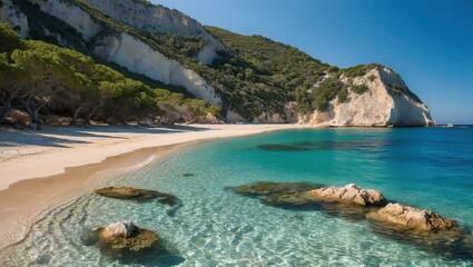 Obraz premium Stunning beach featuring calm turquoise waters, sandy shores, and rocky formations set against scenic cliffs, perfect for relaxation and exploration