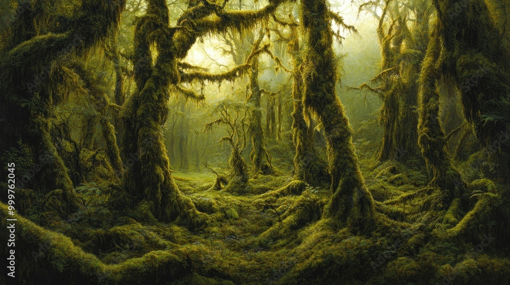 Poster a serene forest scene with moss-covered trees and soft light filtering through the foliage.