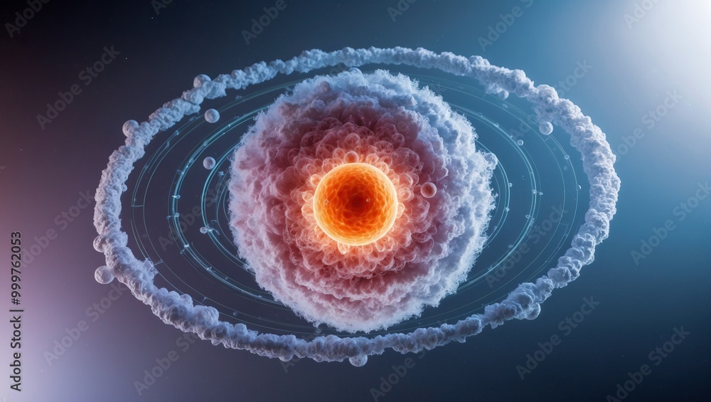 Poster visual representation of an atom illustrating its structure with nucleus and electrons, symbolizing 