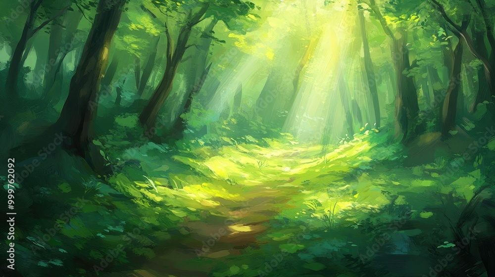 Poster a serene forest scene with sunlight filtering through trees, creating a peaceful atmosphere.