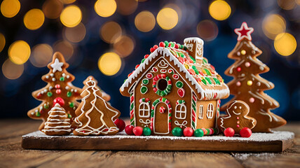 Fototapeta premium Christmas gingerbread houses on wooden table with blurry background