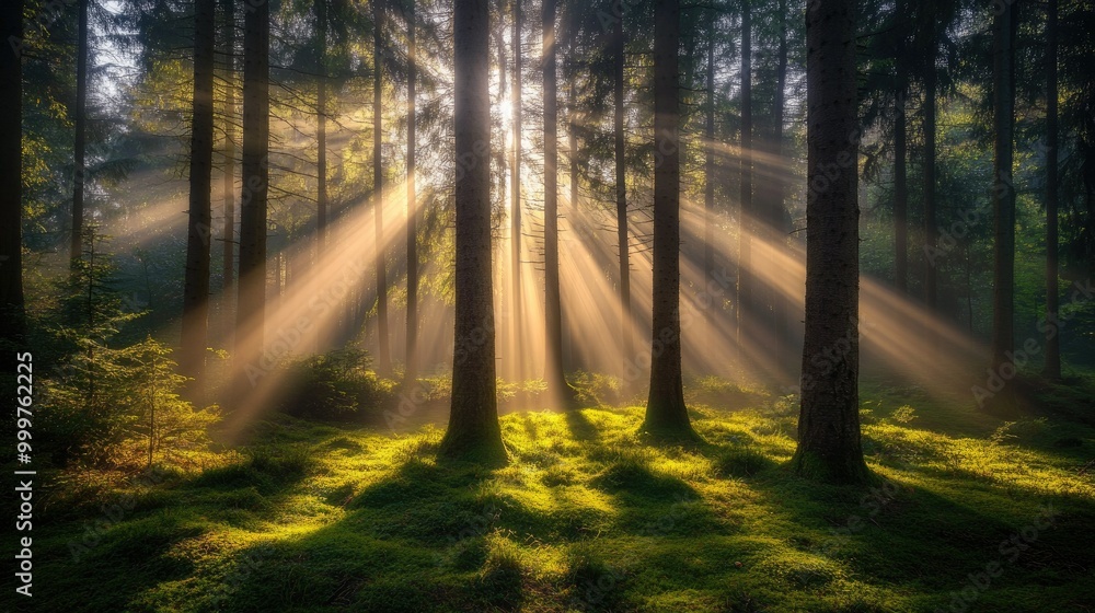 Poster a serene forest scene with sunlight filtering through trees, creating a mystical atmosphere.