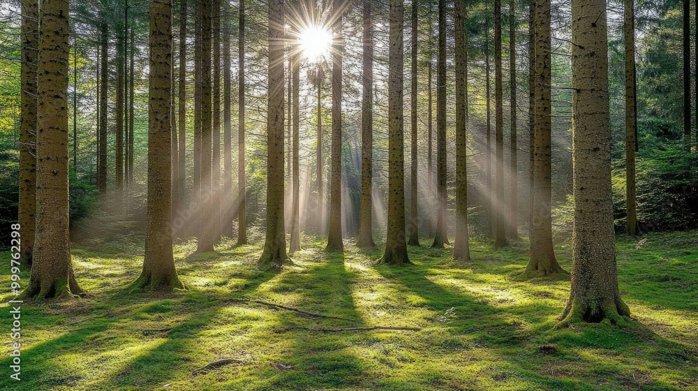 Poster a serene forest scene with sunlight filtering through trees, creating a peaceful atmosphere.