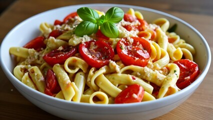  Delicious pasta dish with cherry tomatoes and fresh basil