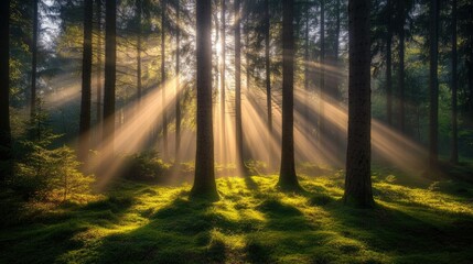 Obraz premium A serene forest scene with sunlight filtering through trees, creating a mystical atmosphere.