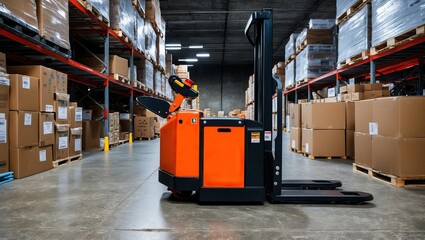 Electric forklift in warehouse with boxes on shelves creating efficient industrial logistics environment