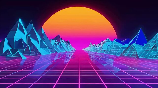 Transport rself nostalgic 80s retro futuristic landscape where neon lights lowpoly terrain grids create stylized vaporwave aesthetic featuring mountains setting sun starry sky beautifully rendered