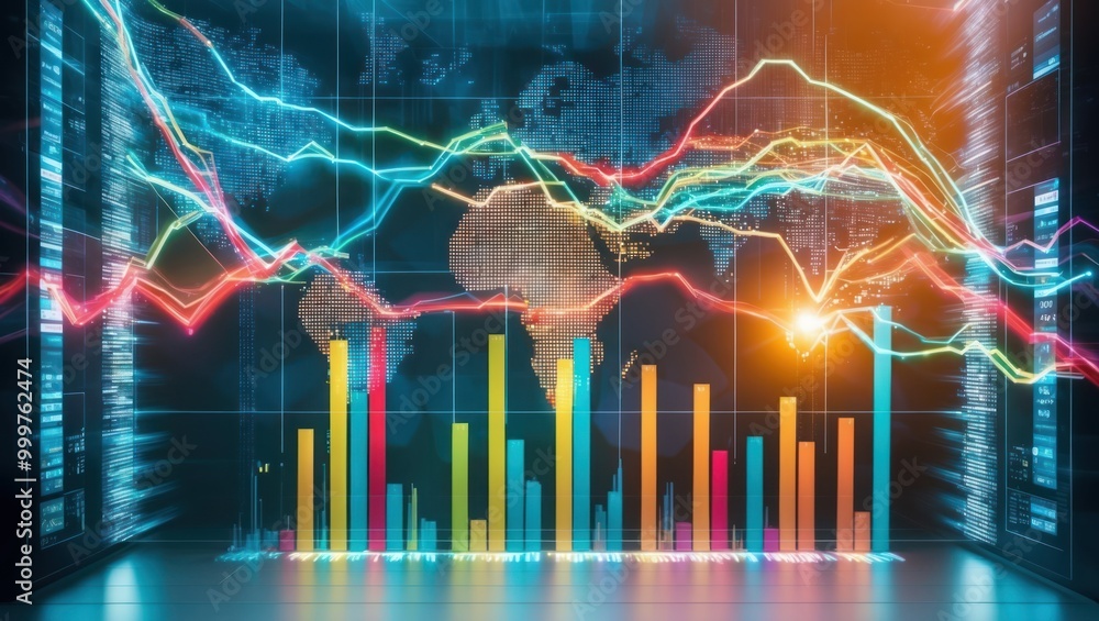Poster dynamic data visualization featuring world map, colorful chart lines, and graph bars, conveying fina