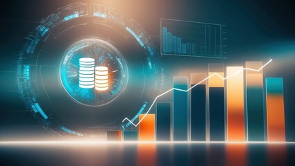 Obraz premium Futuristic finance visualization featuring graphs, data trends, and coins, symbolizing investment growth and digital technology in the financial sector