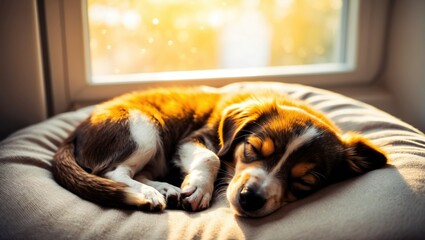 Cozy puppy sleeping in warm sunlight near a window, embodying tranquility and comfort in a home environment