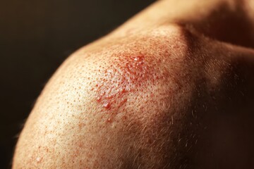 Fototapeta premium Close-up of a shoulder showing skin texture and a reddish area, possibly indicating irritation.