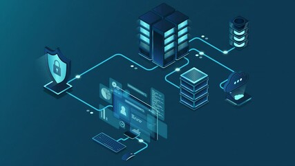 VPN protection animation with a shield. Virtual private network security technology concept. Cyber security. 4K video animated in isometric style