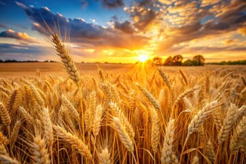 Golden wheat field at sunset with warm light macro
