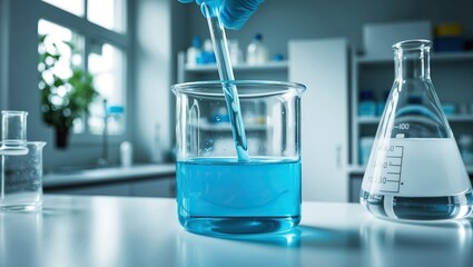 Lab technician performs chemical analysis with blue liquid in beaker, showcasing precision work in research and experimentation within a modern laboratory