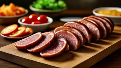  Deliciously prepared charcuterie board with a variety of meats and accompaniments