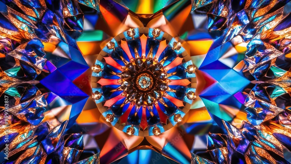 Poster intricate and colorful pattern with vibrant geometric shapes and luminous reflections creating a mes