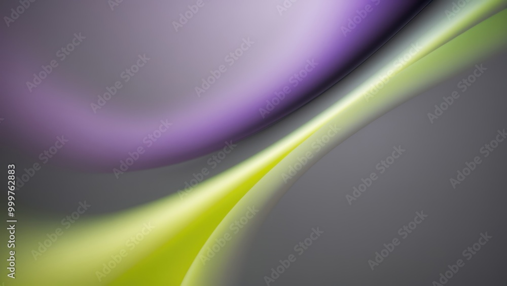 Poster abstract design featuring soft waves of purple and green against a grey backdrop, creating a fluid, 