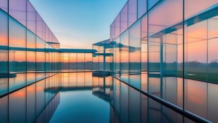 Modern architectural glass structure reflecting vibrant sunset over serene water, creating calm and tranquil atmosphere, perfect for artistic inspiration