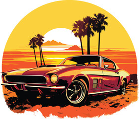 Retro Car with Sunset and Mountains Vector illustration for Tshirt design
