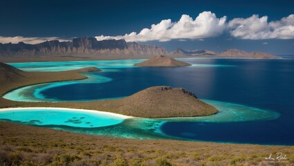 Obraz premium Breathtaking tropical landscape featuring vibrant blue waters, distant islands, and lush greenery, ideal for travel, relaxation, and nature exploration