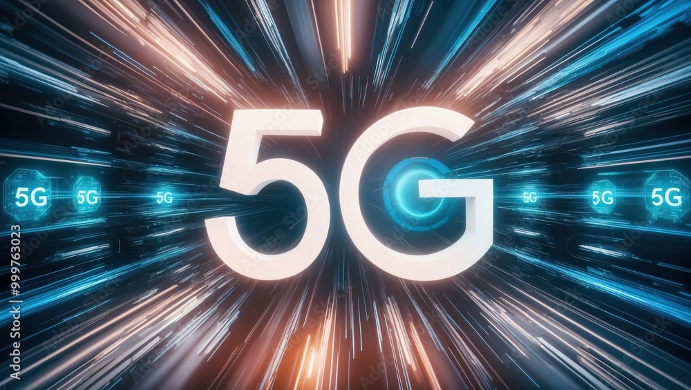 Poster dynamic representation of 5g technology, showcasing speed and connectivity in a vibrant and modern v