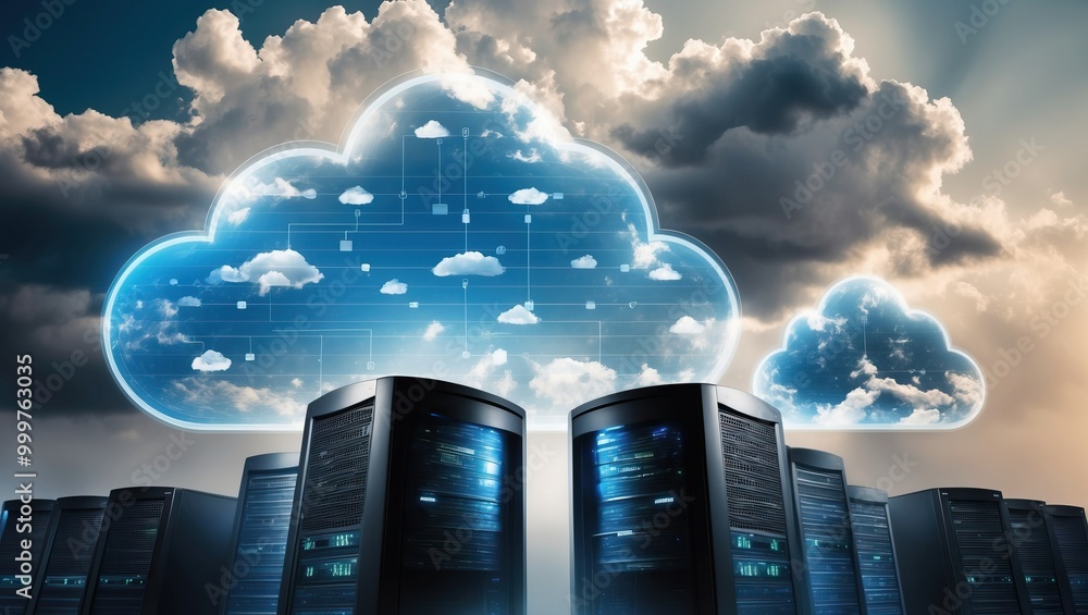 Poster futuristic data center visualizes cloud technology with servers and digital connectivity, highlighti