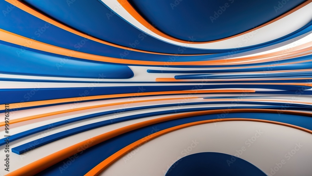 Poster vibrant abstract composition featuring curves and lines in blue and orange, creating a dynamic, mode