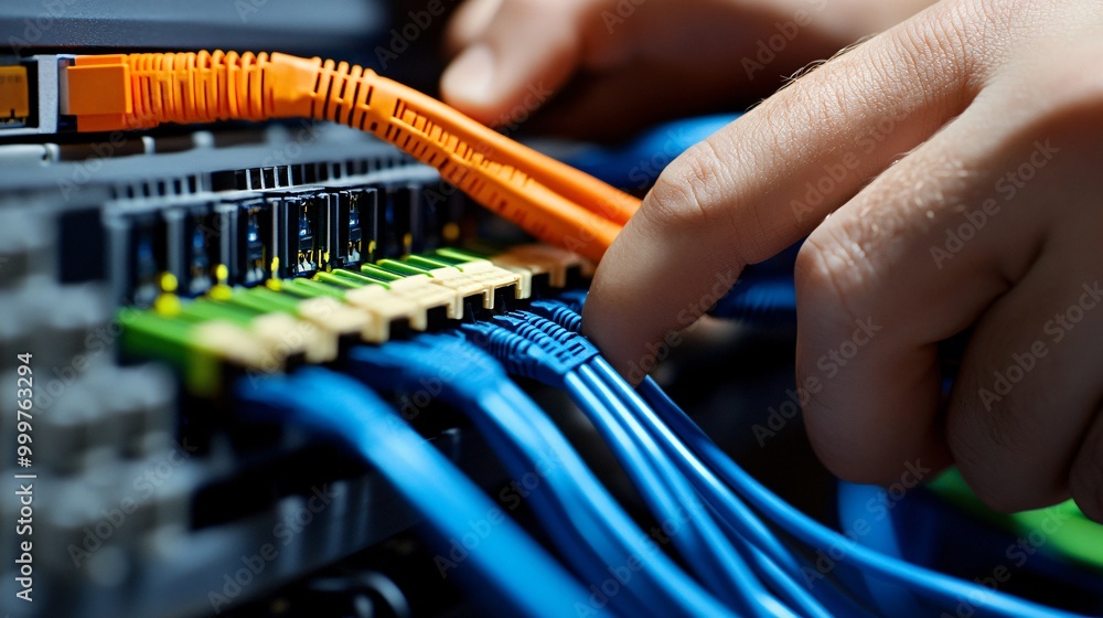 Aufkleber hand plugging ethernet cables into a network switch.