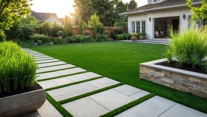 Obraz premium Beautiful garden setting with landscaped lawn, modern walkway, and residential home, perfect for relaxation and outdoor leisure activities