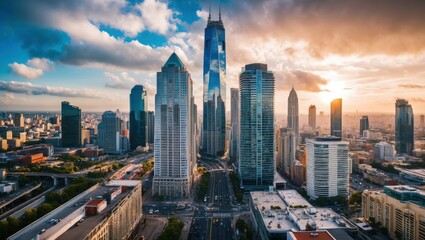 Panoramic view of vibrant city skyline at sunset, featuring modern skyscrapers and bustling streets, perfect for urban lifestyle or travel themes
