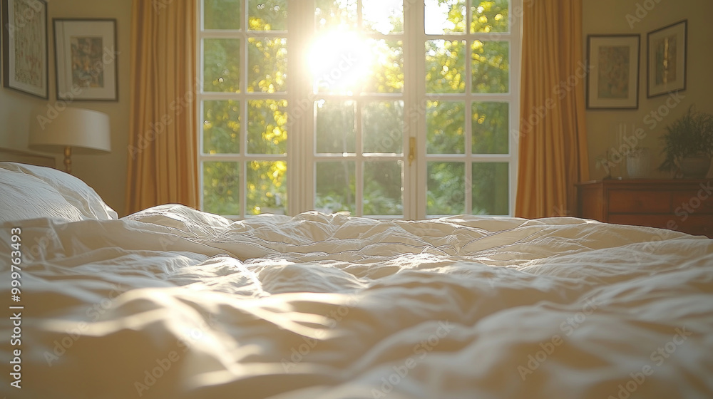 Poster sunlight streams through large windows in a cozy bedroom, creating a warm and inviting atmosphere wi