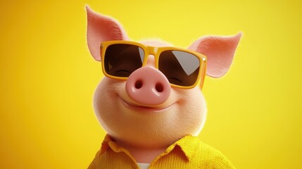 Fototapeta premium A cheerful pig wearing sunglasses and a bright yellow shirt smiles against a vibrant yellow background on a sunny day. Generative AI