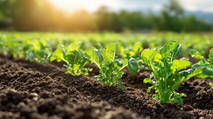 Fresh green plants growing in rich soil under a warm sun, symbolizing agriculture, growth, and nature's bounty.