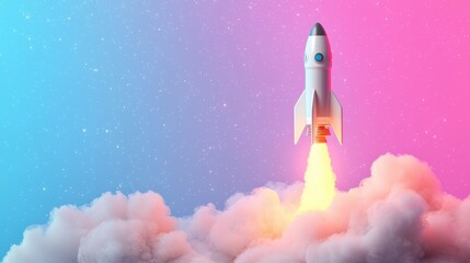 3D illustration of a spacecraft lifting off into space capturing the essence of adventure and innovation in science and finance development against a colorful backdrop