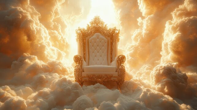 majestic white throne atop billowing clouds in ethereal heavenly realm soft golden light streaming through creating an atmosphere of divine presence and authority