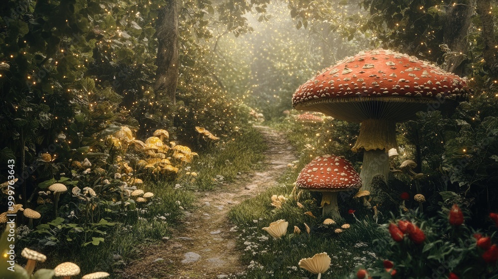 Poster enchanted forest path with large mushrooms and glowing lights, creating a magical atmosphere.