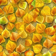 Obraz premium Vibrant autumn leaves in shades of yellow and green scattered across a textured background