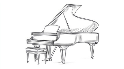 An artistic hand-drawn sketch of a grand piano with a matching bench, showcasing detailed craftsmanship, musical elegance, and classic timelessness in form.