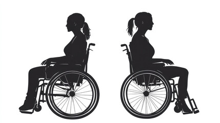 Obraz premium Minimalist silhouette drawing of two women in wheelchairs side by side, both facing forward, representing solidarity, strength, and inclusiveness in a black and white format.