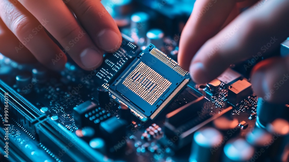 Poster hands installing a cpu chip on a motherboard.