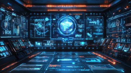 Obraz premium Futuristic control room with holographic displays and data analytics.